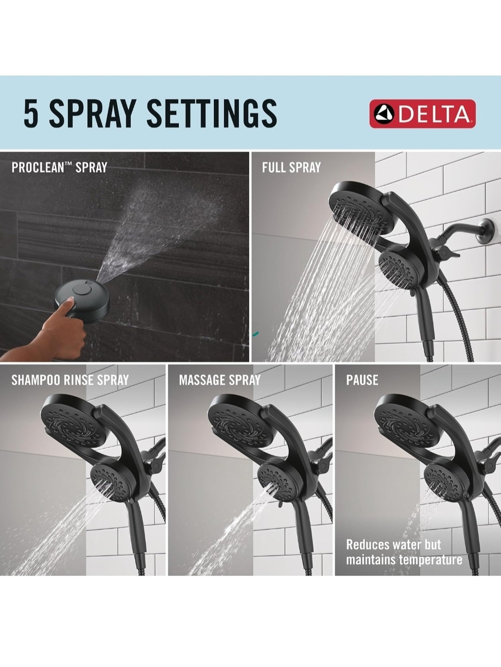 Delta Matte Black Dual-Head Shower System - 5 Spray Settings